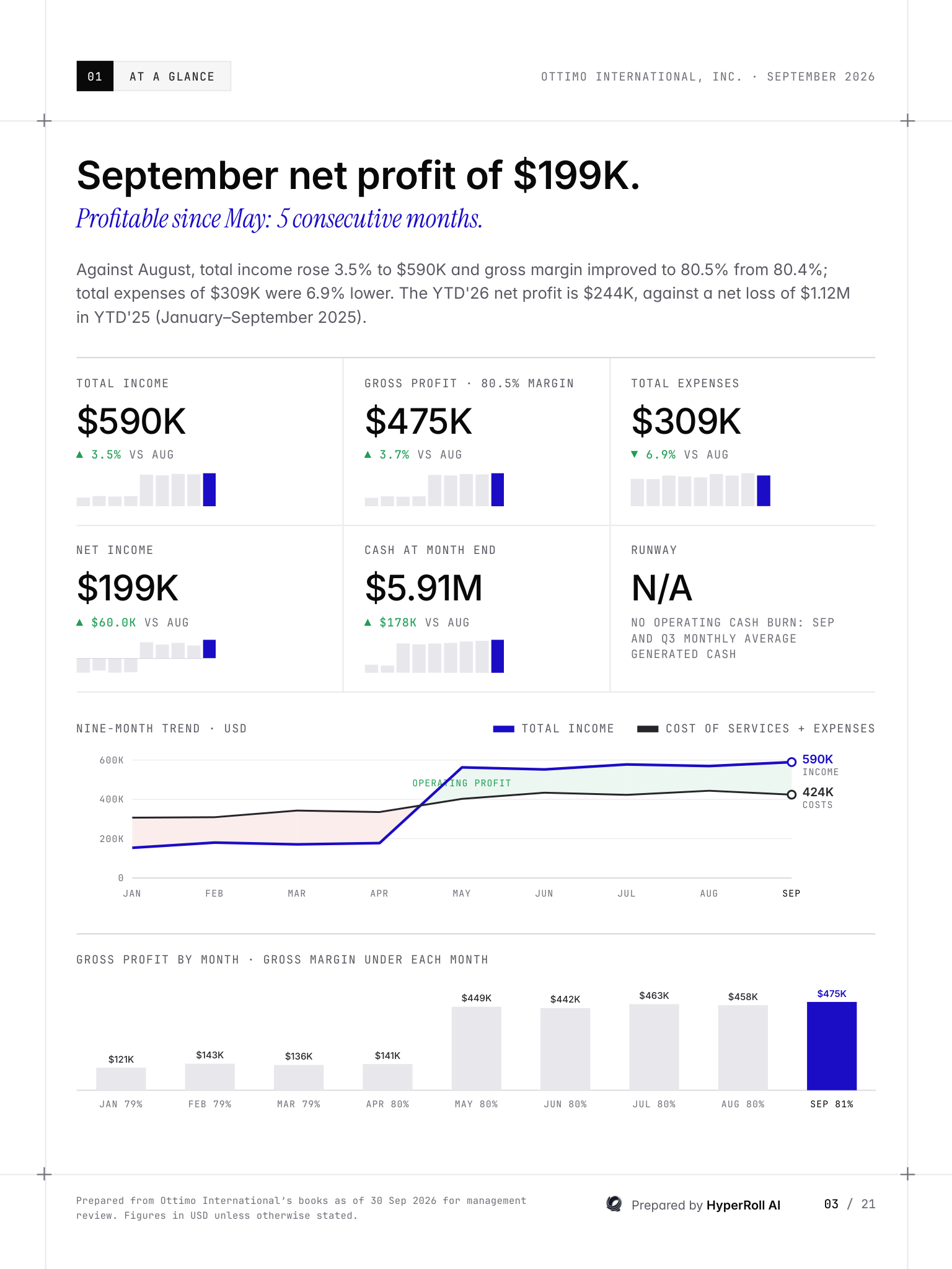 Sample MIS report at-a-glance page: cash, runway, income, gross profit and expenses against the previous month