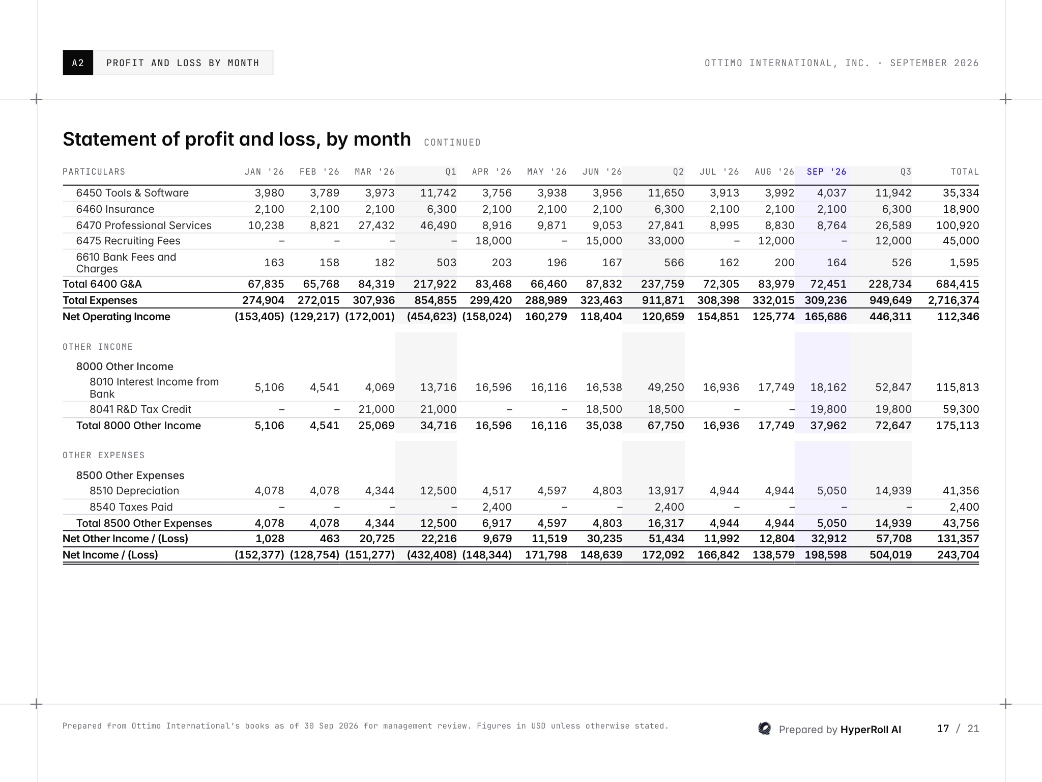 Sample statement of profit and loss by month, continued